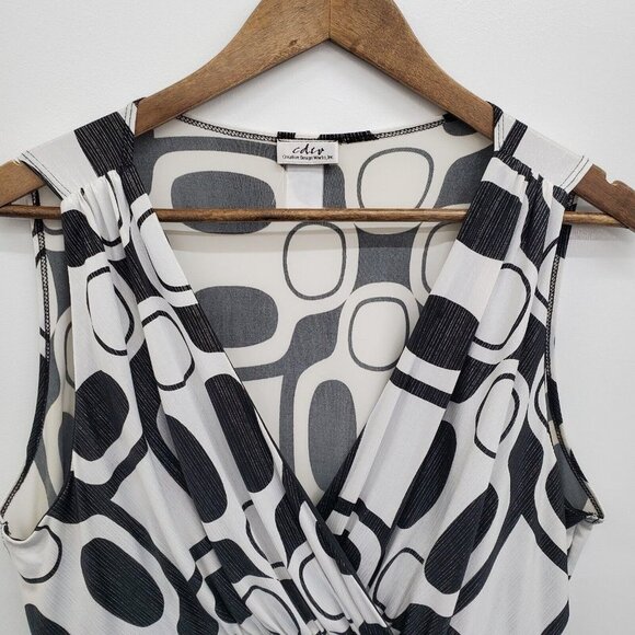 Womens Black & White Sleeveless‎ V-Neck Blouse Top Size L Beaded Waist Stretch - Picture 8 of 13